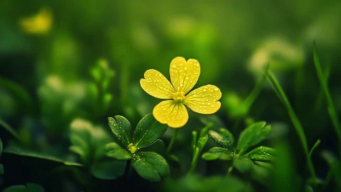Dewlit yellow blossom glows in a dreamy green meadow hush.
