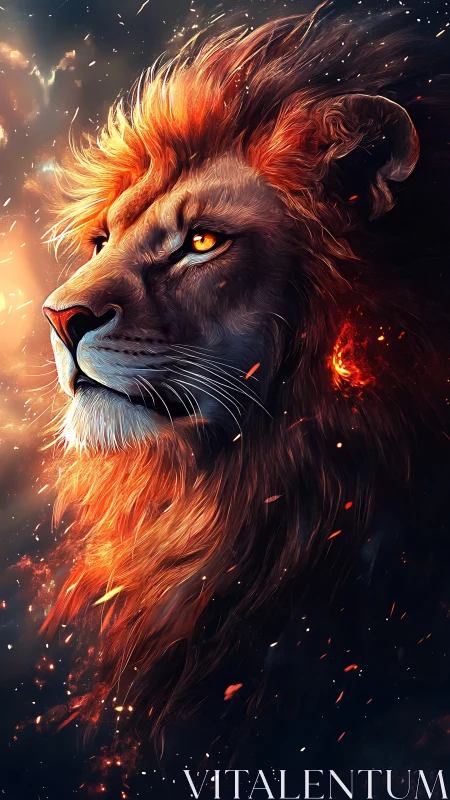 Digital painting profile of a fiery lion with dynamic embers.