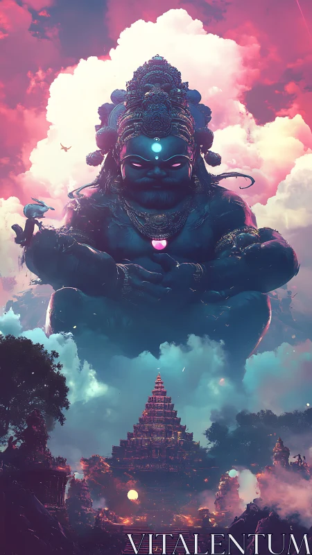 Colossal sky deity guarding a glowing temple of clouds.