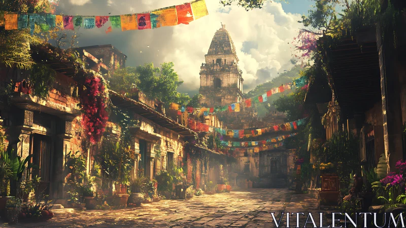 Sunlit temple alley draped in jubilant festival banners.