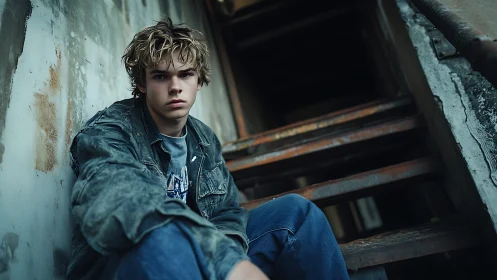 Thoughtful teen resting on worn metal steps outdoors.