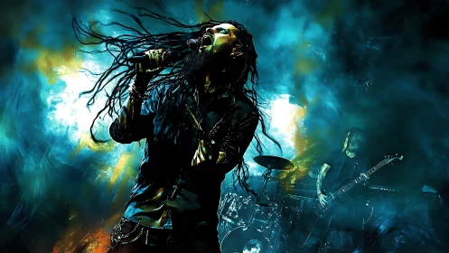 Metal vocalist mid-scream in high-contrast neon stage fog