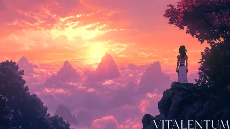 Figure observing distant mountain peaks above cloud layer.