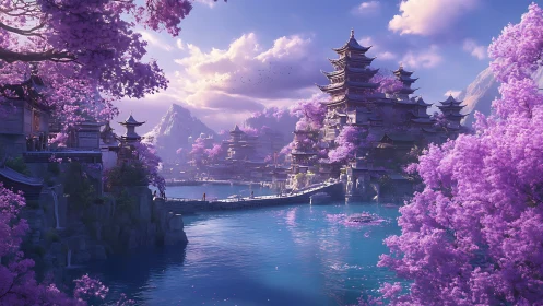 Ornate riverside pagoda city under dense violet cherry canopy