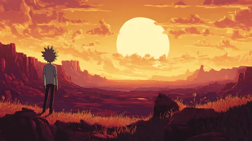 Cinematic anime plateau at sunset with solitary figure silhouette.