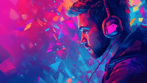Neon gamer portrait immersed in abstract digital soundscape.