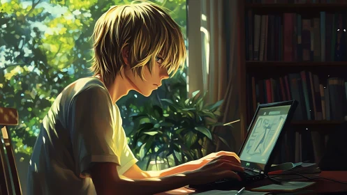Teen artist sketches digitally beside sunlit window