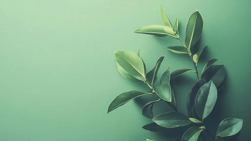 Minimalist botanical branch on monochrome green background