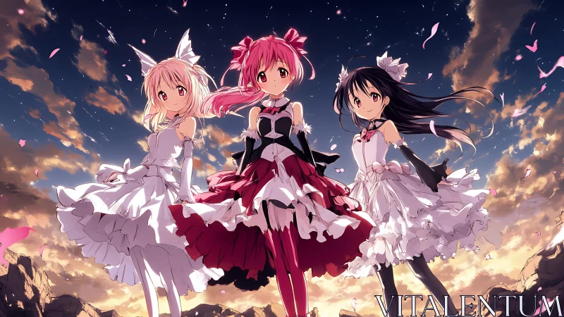Three anime girls in dresses under dramatic evening sky.
