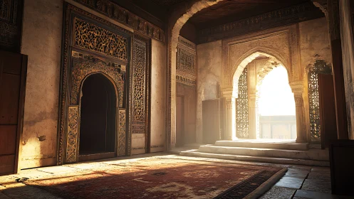 Sunlit historic hall with ornate arched doorways and rug.