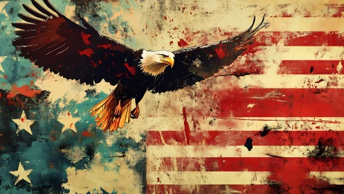 Bald eagle silhouette traverses distressed U.S. flag field