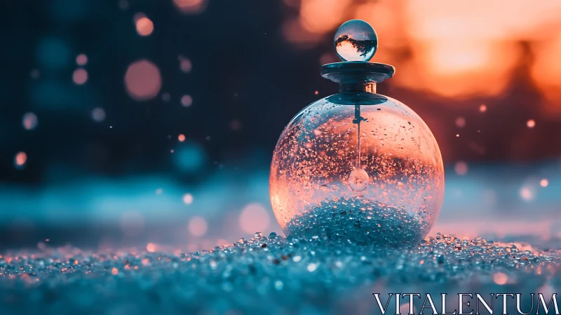 Glowing glass orb rests in sparkling snow at sunset.