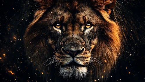 Hyperreal lion portrait isolates regal head in ember-lit void
