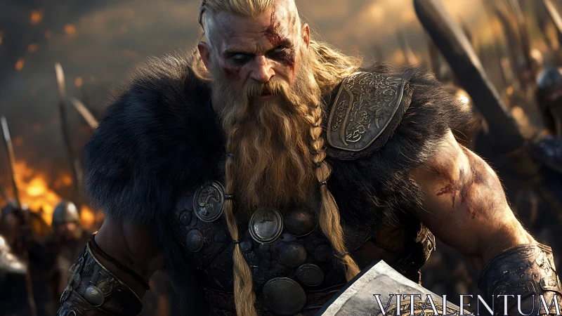 Battle-scarred viking warrior standing strong in the firelit dusk.