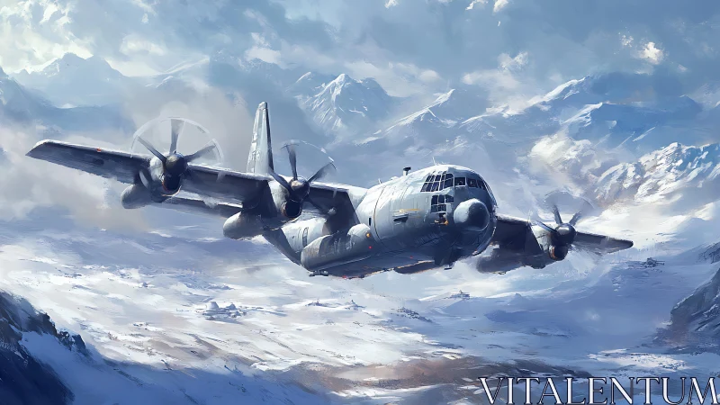 Military cargo aircraft flying low over snowy mountains.