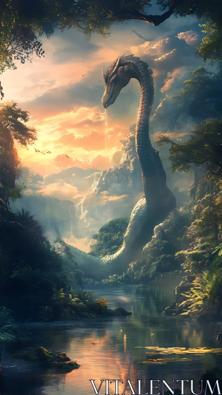 Serpentine sky dragon rising above misty jungle river.