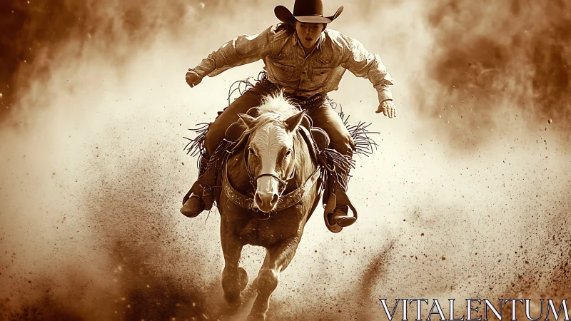 Dusty rodeo charge with determined cowboy and bold horse.