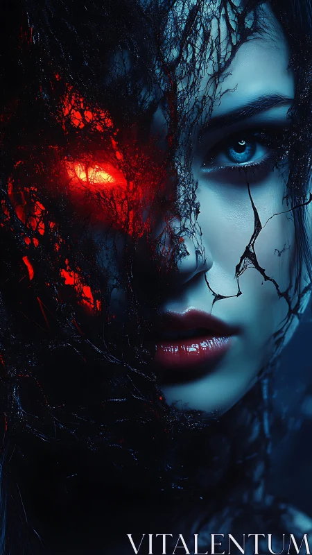 Demonic corruption engulfs woman face in cold blue light