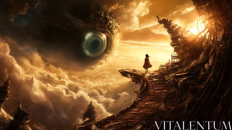 Girl on fractured skyway facing large mechanical sphere.