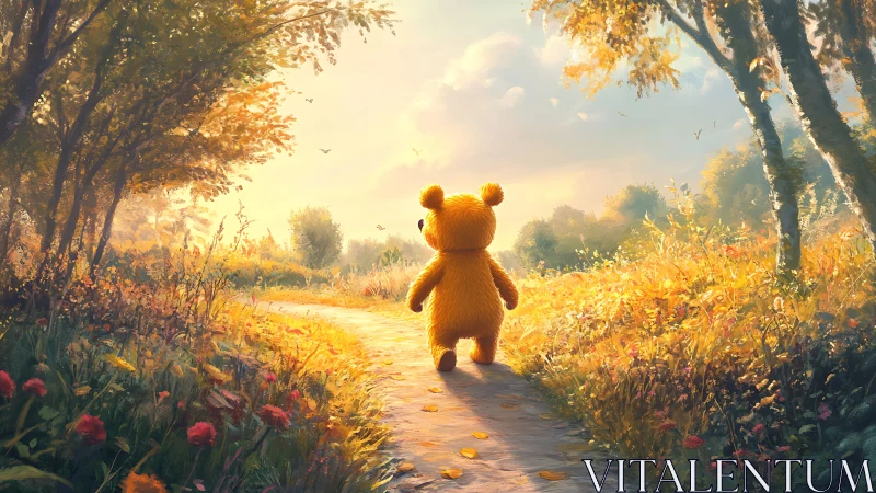Golden plush bear on sunlit forest path at autumn dawn