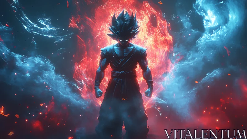 Fiery warrior stands poised between swirling flame and ice.