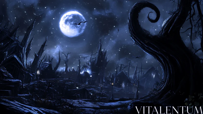 Moonlit landscape displays twisted trees and angular rooftops