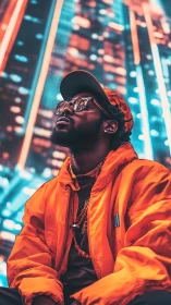 Neon-lit portrait captures urban style in vivid orange glow.