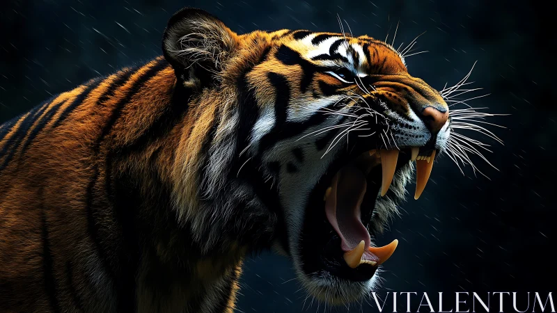 Roaring tiger profile under dramatic low key rim lighting.