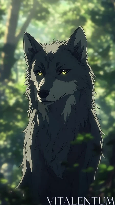 Lone grey wolf with golden eyes in sunlit forest clearing.