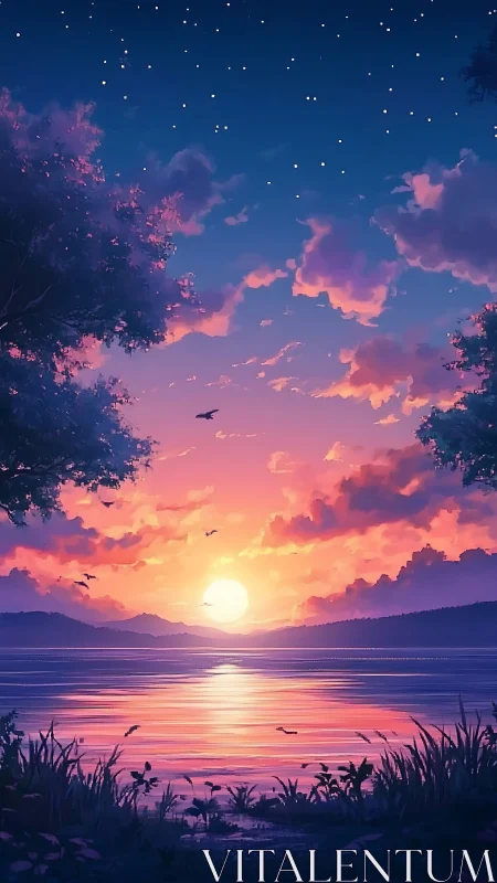 Vibrant digital sunset over tranquil lake with glowing sky.