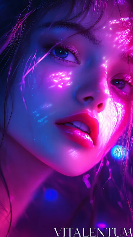 Neon constellations drift across her luminous, dreaming face