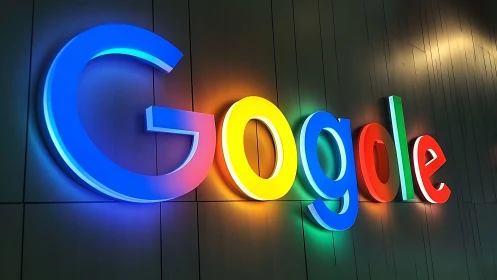 Google neon sign display with colored letter segments illuminated against dark architectural backgro