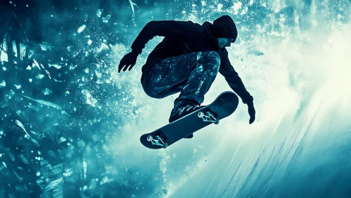 Kinetic freeze-frame of airborne skateboarder in cyan turbulence.