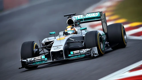 Formula One silver race car on asphalt circuit corner.