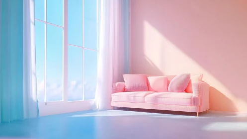 Cotton-candy sofa basking in dreamy pastel morning light.