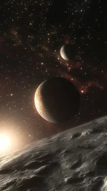 Photorealistic deep-space vista with illuminated exoplanets.