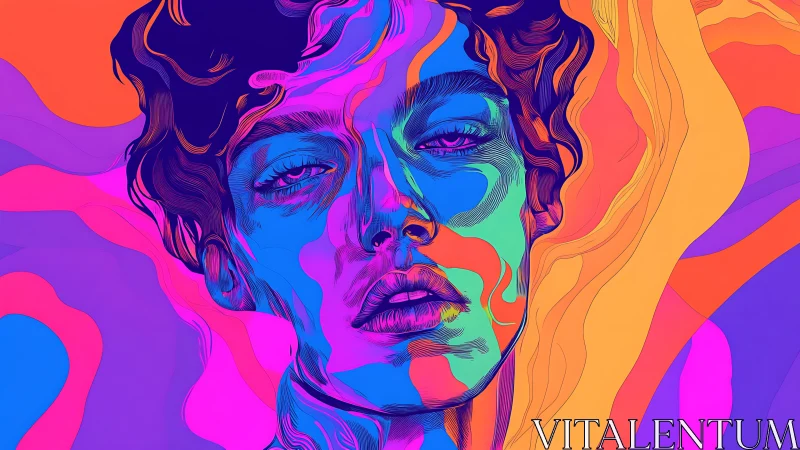 Digital portrait depicts stylized face in layered neon colors