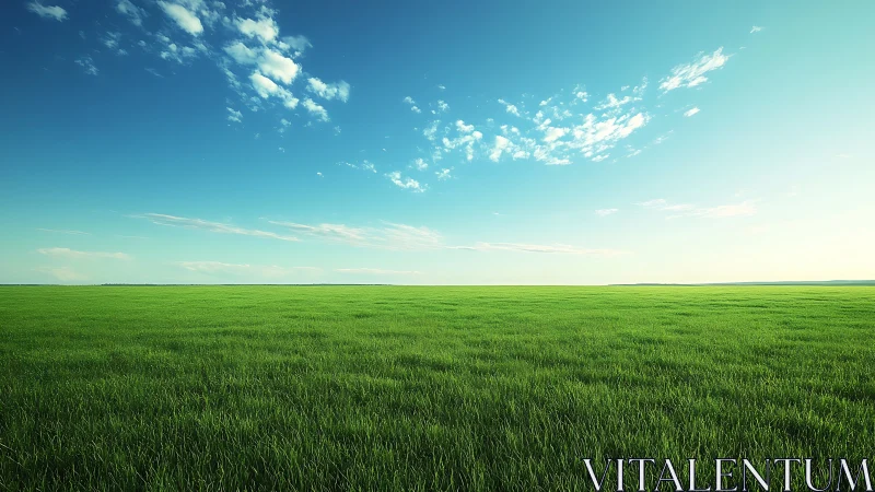 Endless green meadow stretches under a peaceful blue sky