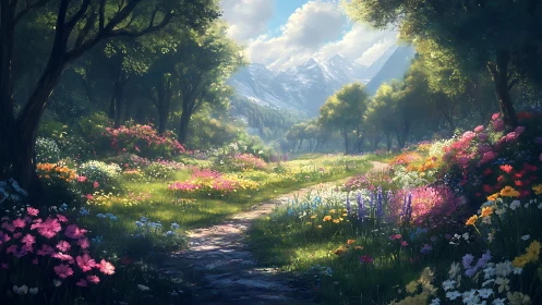 Sunlit meadow path winding through dream-bright wildflowers.