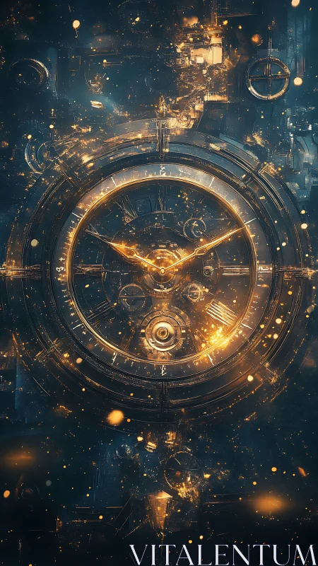 Golden cosmic clock glowing in a dreamy night sky.