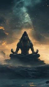 Backlit meditative deity silhouette framed by volumetric mountain haze