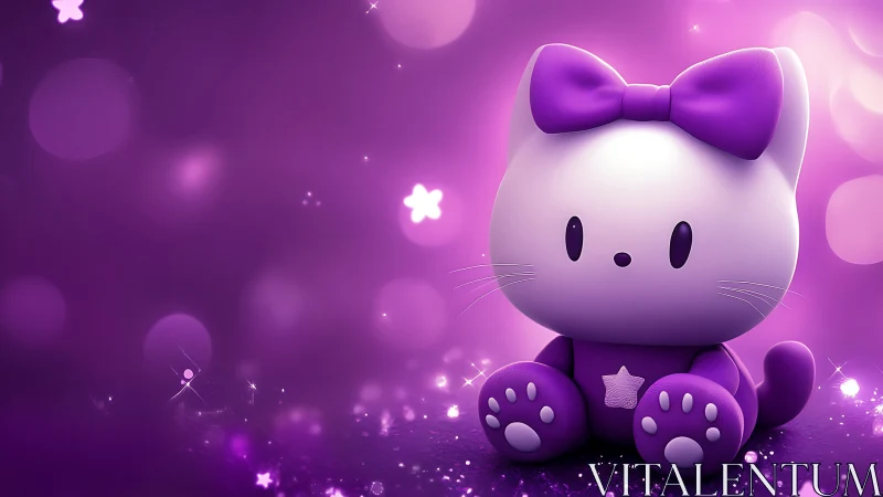 Purple cartoon cat figurine on blurred bokeh background.