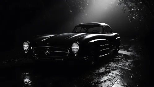 Gleaming classic coupe glides through a rainy night road