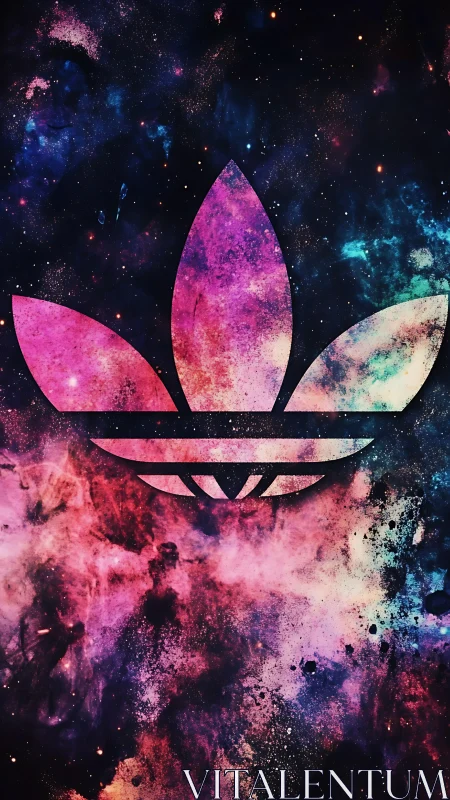 Tri-leaf emblem cutout over magenta cyan deep-space nebula field