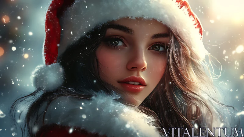 High-fidelity winter portrait of woman in Santa cap.