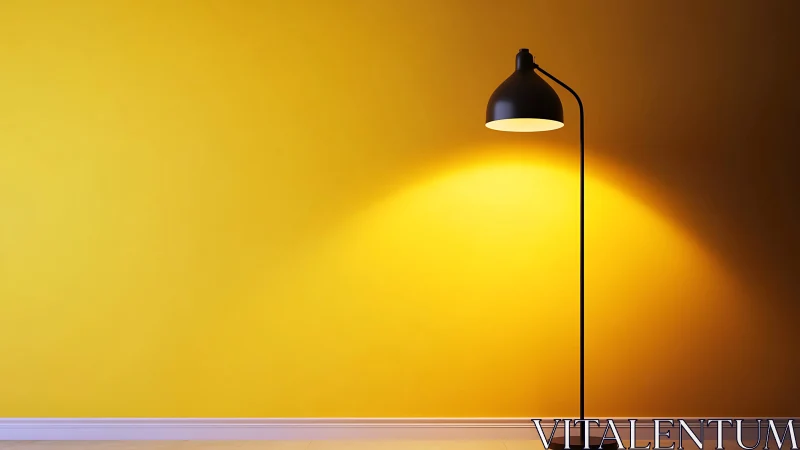 Minimalist black floor lamp casts focused light on yellow wall