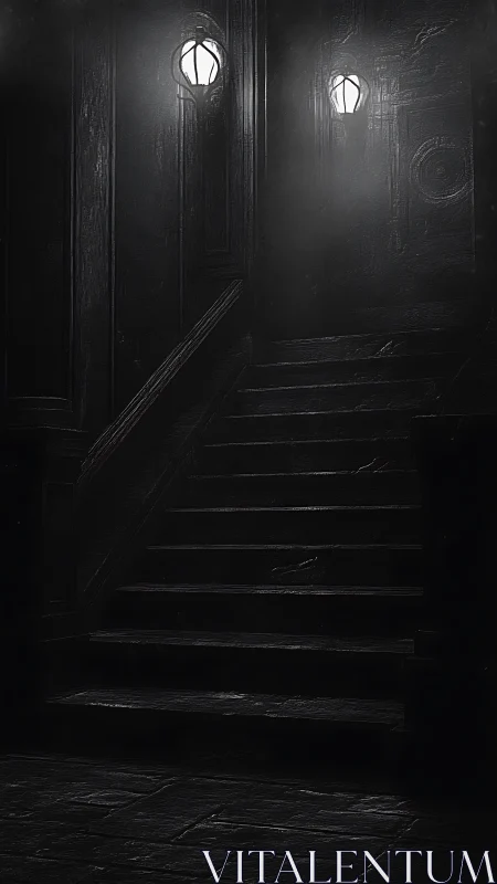 Noir stairwell under twin sconces in volumetric shadowfield.