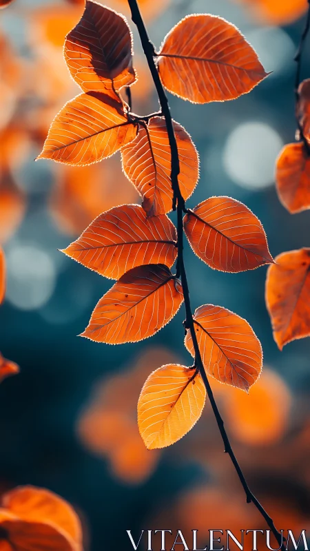 Vertical twig holds orange autumn leaves against soft bokeh