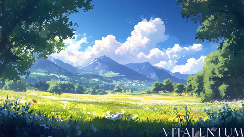 Sunlit valley meadow dreaming beneath whispering mountain clouds.