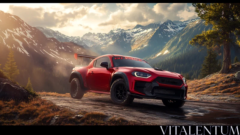 Red off-road sports truck parked on rugged alpine trail.